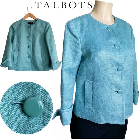 Talbots Jackets & Blazers - TALBOTS Teal Linen 3/4 Sleeve Blazer Collarless Career Feminine Retro 6 Petite
